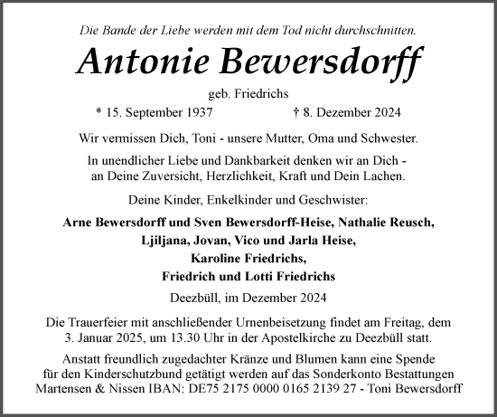 Traueranzeige von Antonie Bewersdorff von Husumer Nachrichten, Nordfriesland Tageblatt