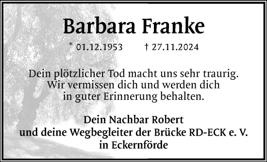 Traueranzeige von Barbara Franke von Eckernförder Zeitung, Hallo Eckernförde
