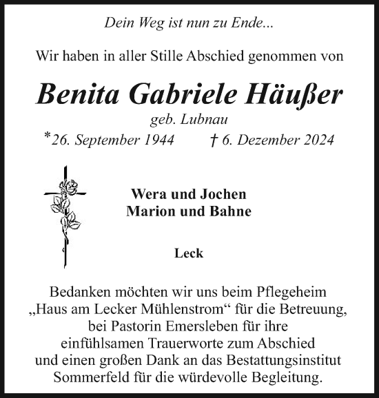 Traueranzeige von Benita Gabriele Häußer von Husumer Nachrichten, Nordfriesland Tageblatt