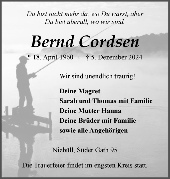 Traueranzeige von Bernd Cordsen von Husumer Nachrichten, Nordfriesland Tageblatt