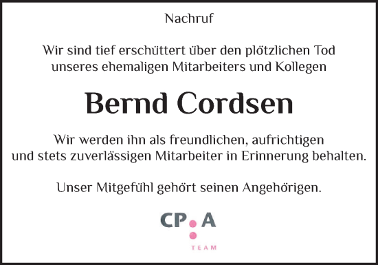 Traueranzeige von Bernd Cordsen von Husumer Nachrichten, Nordfriesland Tageblatt
