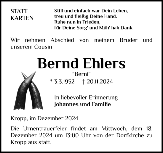 Traueranzeige von Bernd Ehlers von Schleswig-Holsteinische Landeszeitung
