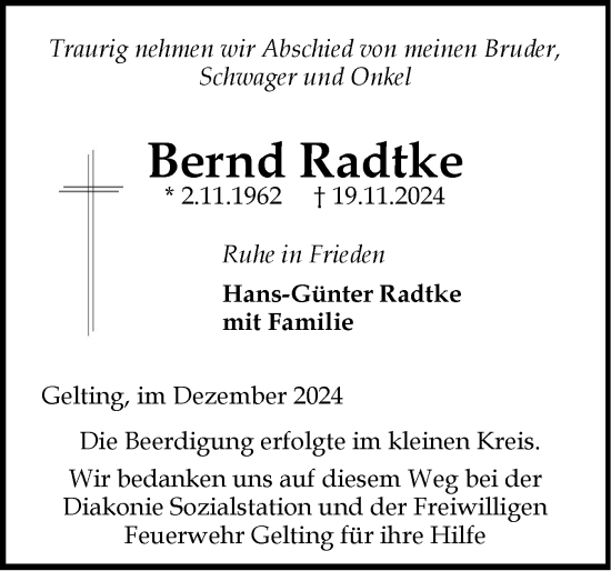 Traueranzeige von Bernd Radtke von Flensburger Tageblatt