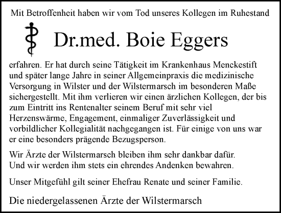 Traueranzeige von Boie Eggers von Norddeutsche Rundschau, Wilstersche Zeitung, Glückstädter Fortuna