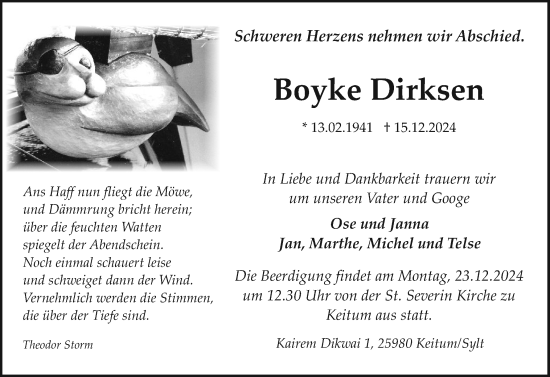 Traueranzeige von Boyke Dirksen von Sylter Rundschau