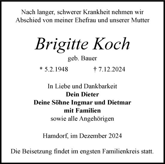 Traueranzeige von Brigitte Koch von Schleswig-Holsteinische Landeszeitung