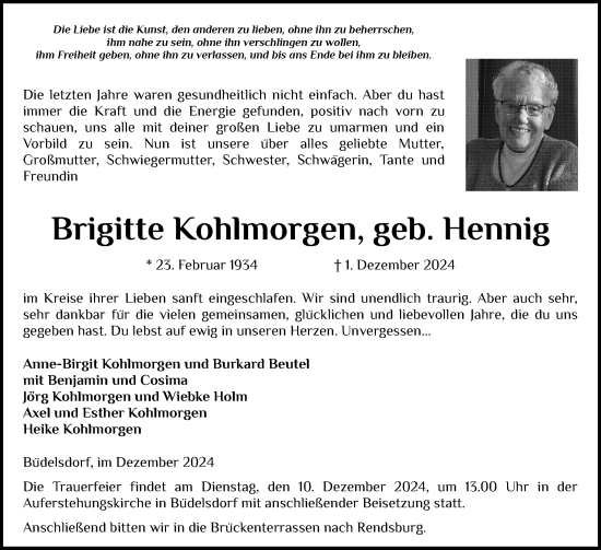Traueranzeige von Brigitte Kohlmorgen von Schleswig-Holsteinische Landeszeitung