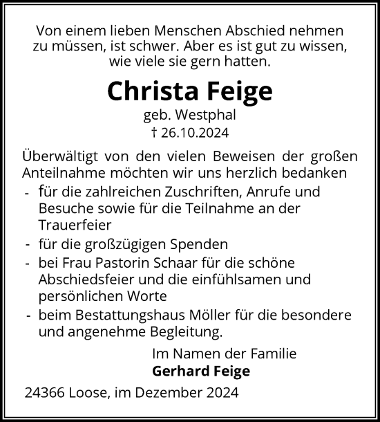 Traueranzeige von Christa Feige von Eckernförder Zeitung, Hallo Eckernförde