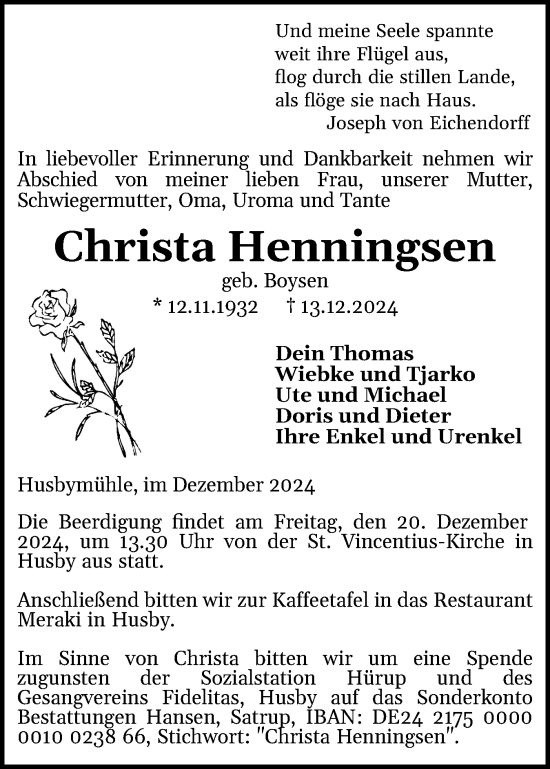 Traueranzeige von Christa Henningsen von Flensburger Tageblatt, Schleswiger Nachrichten, Schlei-Bote