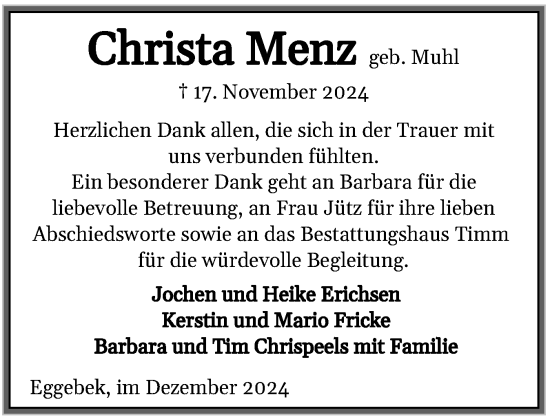 Traueranzeige von Christa Menz von Flensburger Tageblatt