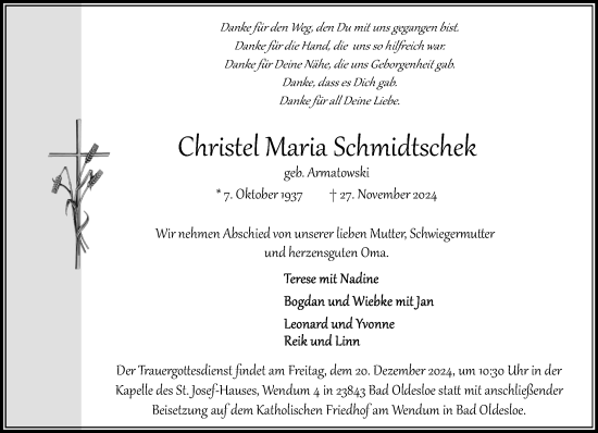 Traueranzeige von Christel Maria Schmidtschek von Stormaner Tageblatt