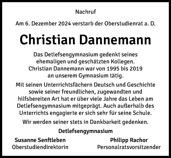 Traueranzeige von Christian Dannemann von Norddeutsche Rundschau, Wilstersche Zeitung, Glückstädter Fortuna