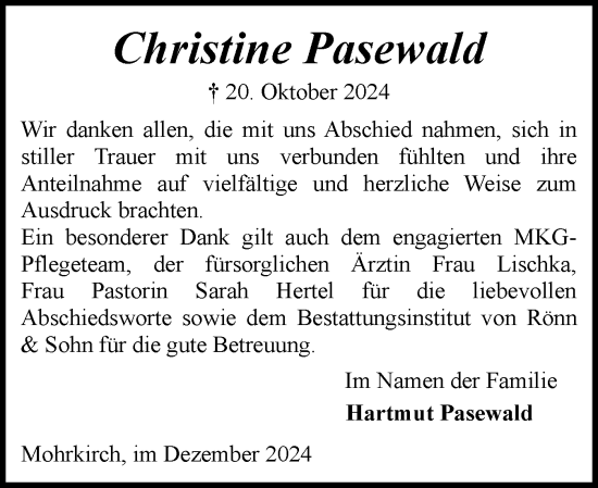Traueranzeige von Christine Pasewald von Flensburger Tageblatt, Schleswiger Nachrichten, Schlei-Bote
