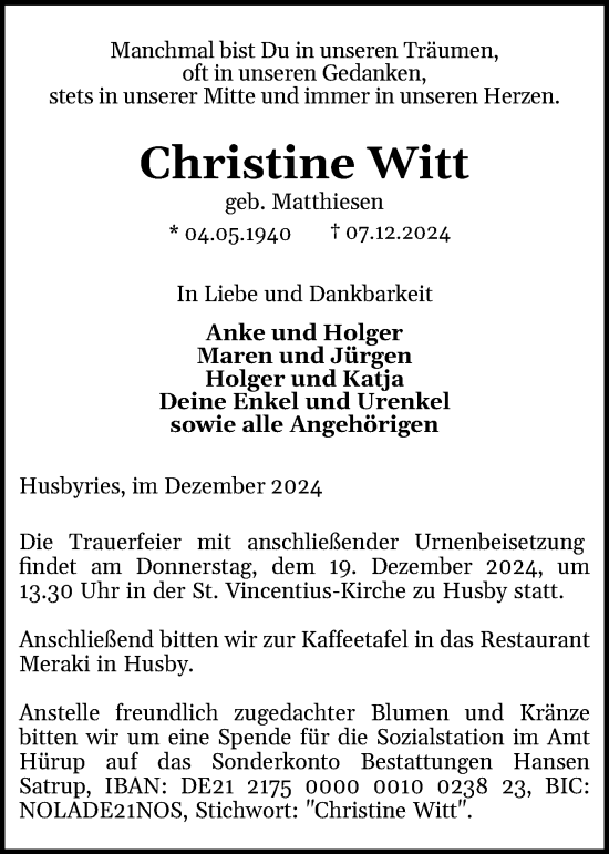 Traueranzeige von Christine Witt von Flensburger Tageblatt