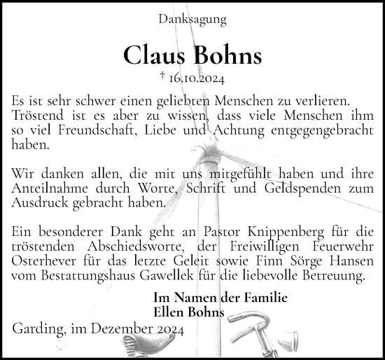 Traueranzeige von Claus Bohns von Husumer Nachrichten, Nordfriesland Tageblatt
