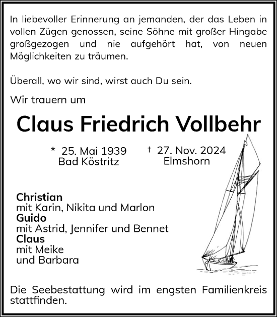 Traueranzeige von Claus Friedrich Vollbehr von Elmshorner Nachrichten, Barmstedter Zeitung