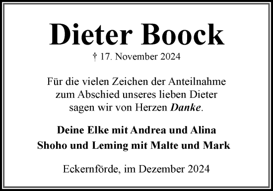 Traueranzeige von Dieter Boock von Eckernförder Zeitung, Hallo Eckernförde