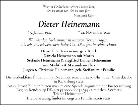 Traueranzeige von Dieter Heinemann von Schleswig-Holsteinische Landeszeitung