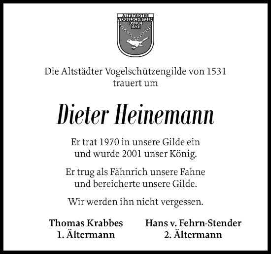 Traueranzeige von Dieter Heinemann von Schleswig-Holsteinische Landeszeitung