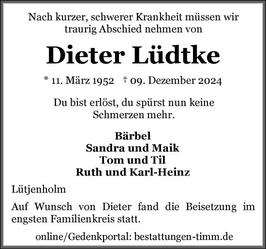 Traueranzeige von Dieter Lüdtke von Husumer Nachrichten, Nordfriesland Tageblatt