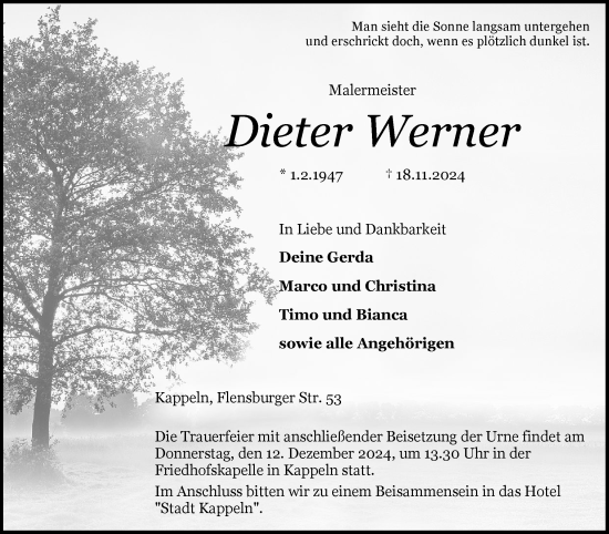 Traueranzeige von Dieter Werner von Schleswiger Nachrichten, Schlei-Bote