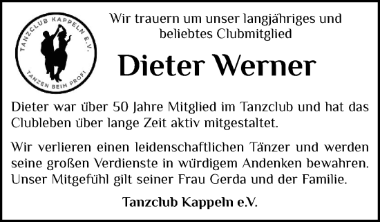 Traueranzeige von Dieter Werner von Schleswiger Nachrichten, Schlei-Bote