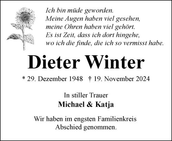 Traueranzeige von Dieter Winter von Eckernförder Zeitung, Hallo Eckernförde