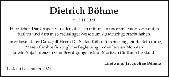 Traueranzeige von Dietrich Böhme von Sylter Rundschau