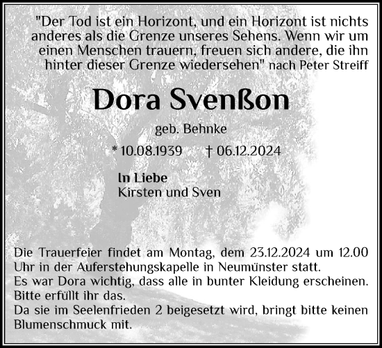Traueranzeige von Dora Svenßon von Holsteinischer Courier