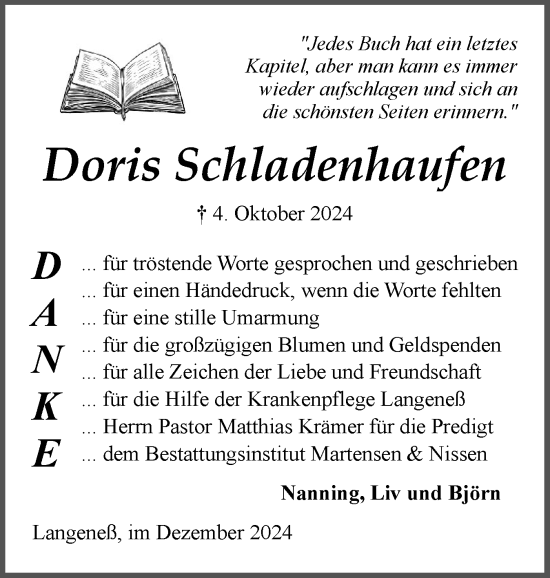 Traueranzeige von Doris Schladenhaufen von Region Westküste