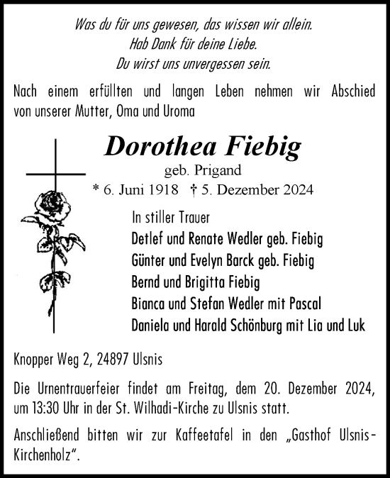 Traueranzeige von Dorothea Fiebig von Schleswiger Nachrichten, Schlei-Bote