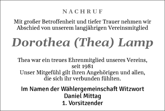 Traueranzeige von Thea Lamp von Husumer Nachrichten, Nordfriesland Tageblatt