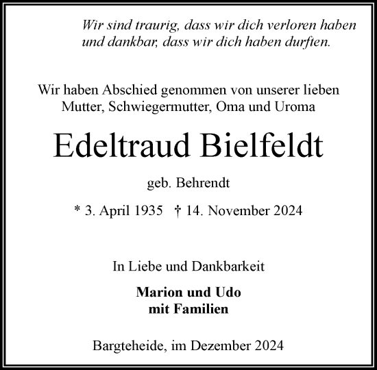 Traueranzeige von Edeltraud Bielfeldt von Stormaner Tageblatt