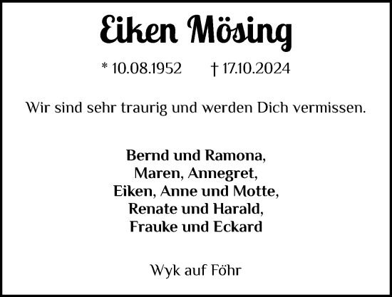Traueranzeige von Eiken Mösing von Der Insel-Bote
