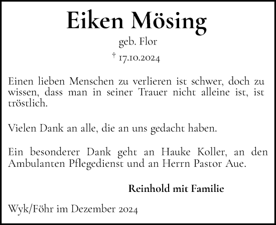 Traueranzeige von Eiken Mösing von Der Insel-Bote