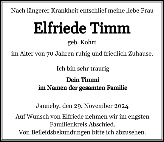 Traueranzeige von Elfriede Timm von Flensburger Tageblatt
