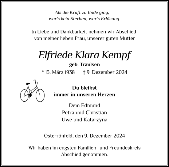 Traueranzeige von Elfriede Klara Kempf von Schleswig-Holsteinische Landeszeitung