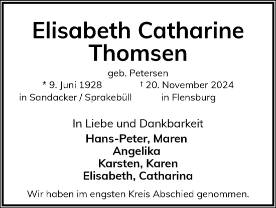 Traueranzeige von Elisabeth Catharine Thomsen von Region Flensburg