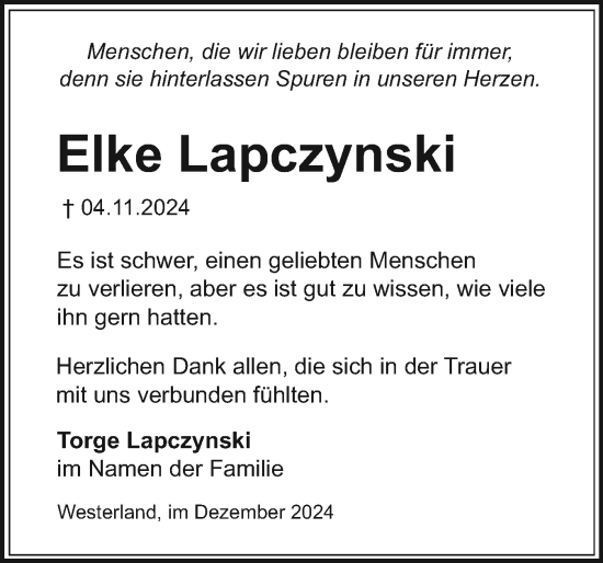 Traueranzeige von Elke Lapczynski von Sylter Rundschau