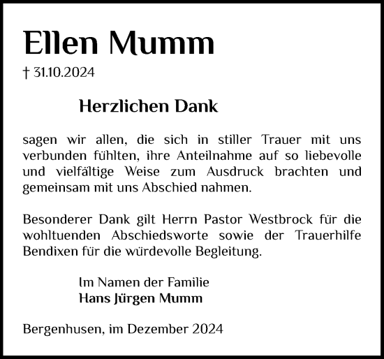 Traueranzeige von Ellen Mumm von Schleswig-Holsteinische Landeszeitung