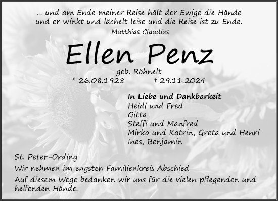 Traueranzeige von Ellen Penz von Husumer Nachrichten, Nordfriesland Tageblatt
