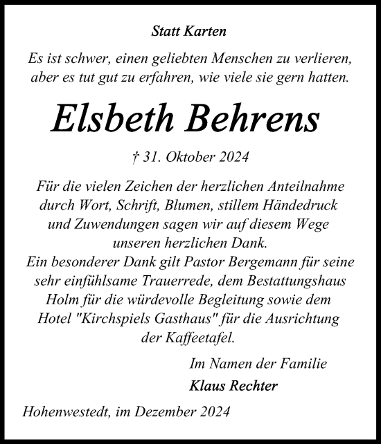 Traueranzeige von Elsbeth Behrens von Schleswig-Holsteinische Landeszeitung