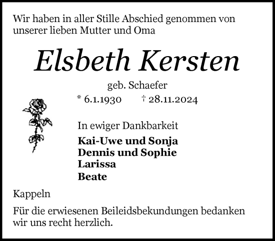 Traueranzeige von Elsbeth Kersten von Schleswiger Nachrichten, Schlei-Bote