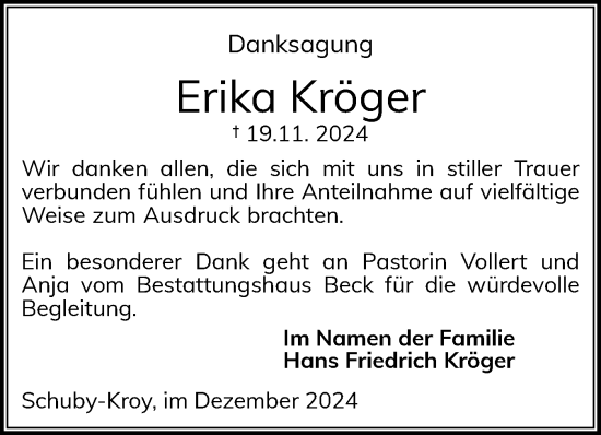 Traueranzeige von Erika Kröger von Schleswiger Nachrichten, Schlei-Bote