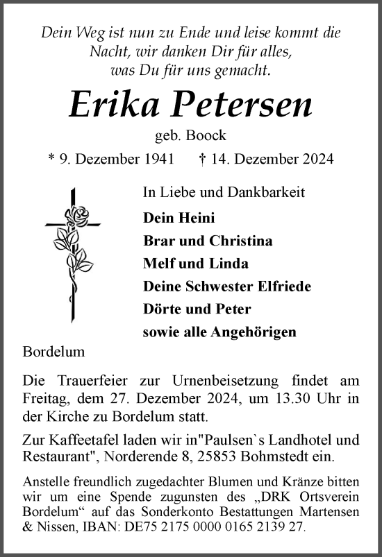 Traueranzeige von Erika Petersen von Husumer Nachrichten, Nordfriesland Tageblatt