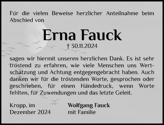 Traueranzeige von Erna Fauck von Schleswig-Holsteinische Landeszeitung