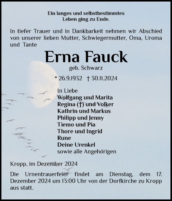 Traueranzeige von Erna Fauck von Schleswig-Holsteinische Landeszeitung