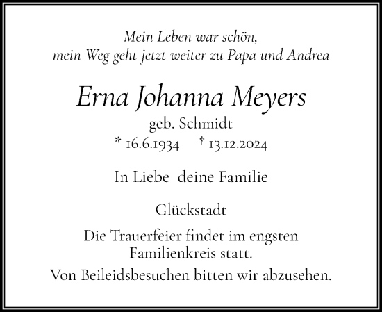 Traueranzeige von Erna Johanna Meyers von Norddeutsche Rundschau, Wilstersche Zeitung, Glückstädter Fortuna