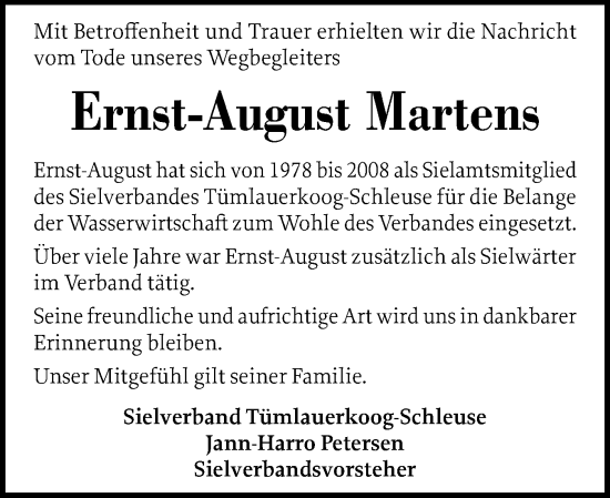 Traueranzeige von Ernst-August Martens von Husumer Nachrichten, Nordfriesland Tageblatt