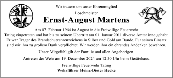 Traueranzeige von Ernst-August Martens von Husumer Nachrichten, Nordfriesland Tageblatt